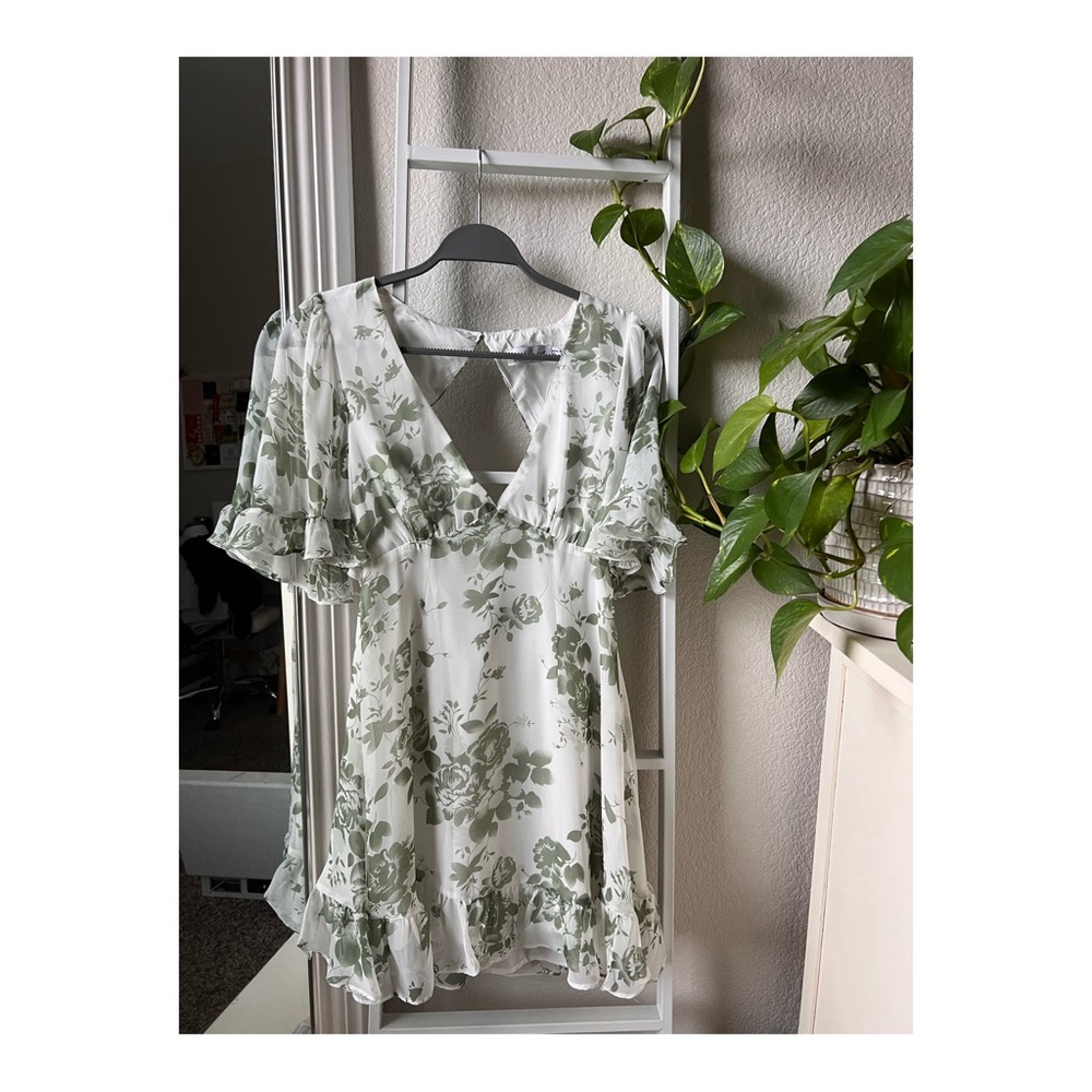 Petal & Pup White Mini Dress with Sage Green Floral Print